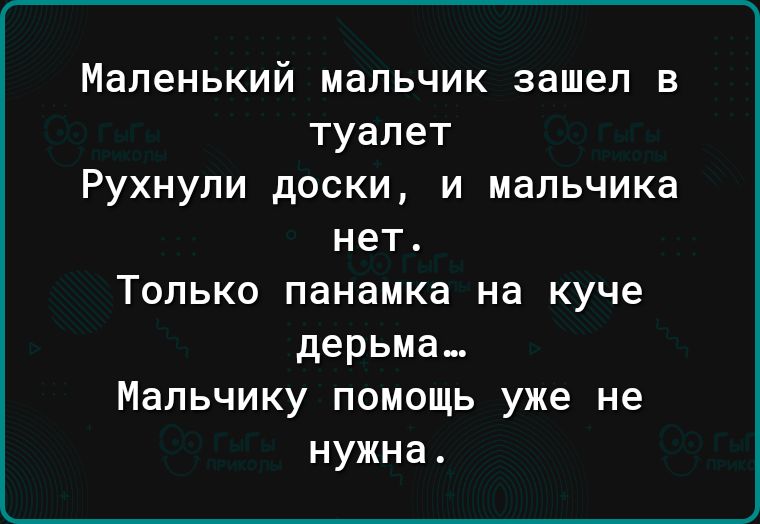 Маленький мальчик зашел в туалет Рухнупи доски и мальчика нет Только панамка на куче дерьма Мальчику помощь уже не нужна