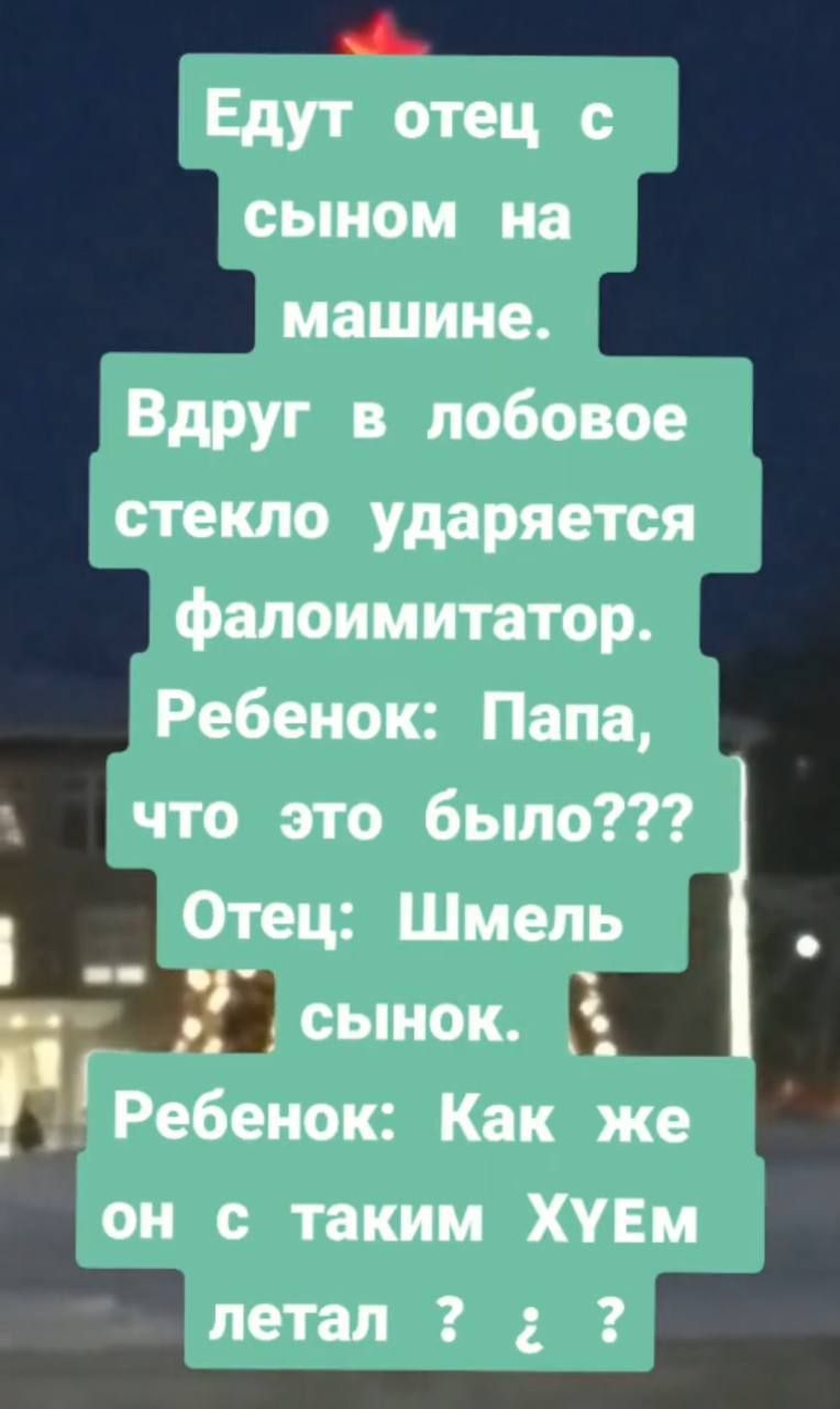 Едут отец с сыном на машине. Вдруг в лобовое стекло ударяется фалоимитатор. Ребенок: Папа, что это было??? Отец: Шмель сынок. Ребенок: Как же он с таким XYem летал ? ?