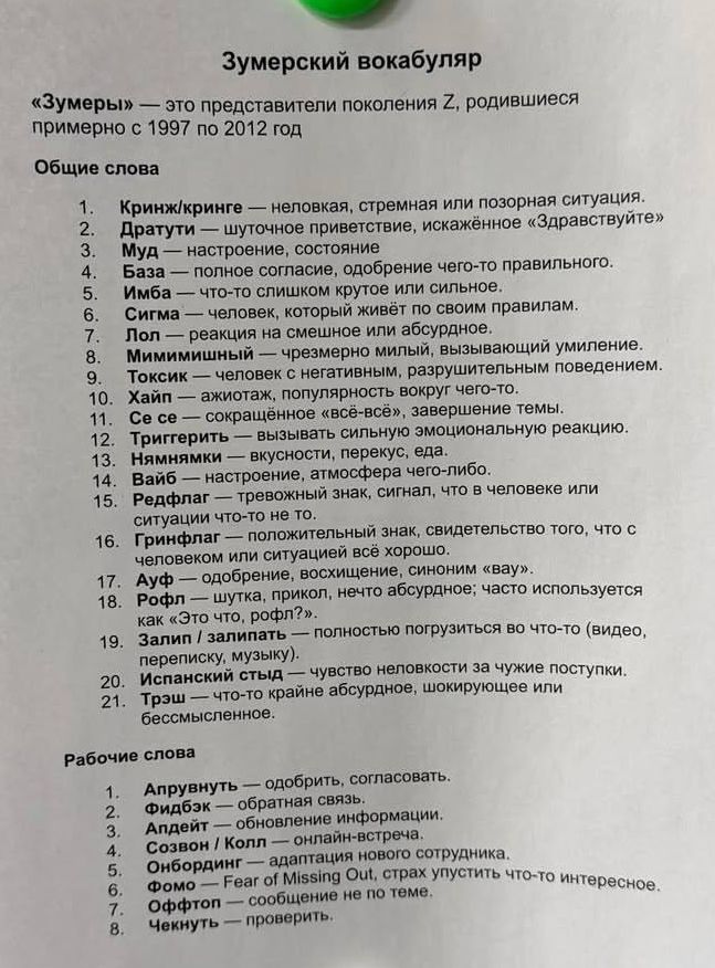 Зумерский вокабуляр
«Зумеры» — это представители поколения Z, родившиеся примерно с 1997 по 2012 год

Общие слова
1. Кринжинг — нелепая, стыдная или позорная ситуация.
2. Дратут — шуточное приветствие, искажённое «Здравствуйте».
3. Муа — настроение, состояние.
4. База — полное согласие, одобрение чего-то правильного.
5. Имба — что-то слишком крутое или сильное.
6. Сига — человек, который живёт по ощущениям.
7. Пол — реакция на смешное или абсурдное.
8. Минимум — минимум, наиболее важный умственное умение.
9. Токсик — человек с негативным, разрушительным поведением.
10. Синус — законы, популярные вокруг чего-то.
11. Се — сокращённое «себя». 
12. Нежка — доброта, эмоциональная реакция.
13. Вайб — настроение, атмосфера чего-то.
14. Смешно — весело, забавно.
15. Зайка — человек, которому нравишься.
16. Лука — искажённое «в ходе». 
17. Угар — свинья.
18. Прокрастинация — откладывание дела. 
19. ФOMO — Fear of Missing Out, страх упустить что-то интересное.
20. Ценник — цена, стоимость.
21. Чекнуть — проверить, посмотреть.