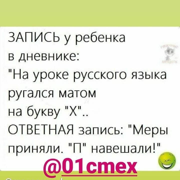 ЗАПИСЬ у ребенка в дневнике На уроке русского языка ругался матом на букву Х ОТВЕТНАЯ запись Меры приняли П навешали 01стех