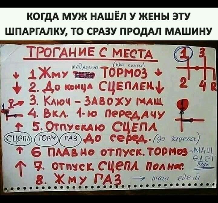 КОГДА МУЖ НАШЁЛ У ЖЕНЫ ЭТУ ШПАРГАЛКУ ТО СРАЗУ ПРОДАЛ МАШИНУ Ё ЬдЬГЕМ А И ЙГО ТУРАШ 3 гА адчгтлч и он сэ СИНЕГИ ОЁЧЁ 90 ауЩ ГМБИ Пуск тормоз ЁАЁТ тпыск Идёт1 Полис г ЁЁ 7 мат и и Ацооооооо03 зчоооосвс оасорн