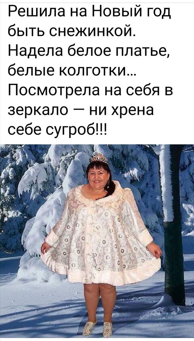 Решила на Новый год быть снежинкой Надела белое платье белые колготки Посмотрела на себя в зеркало ни хрена себе сугроб