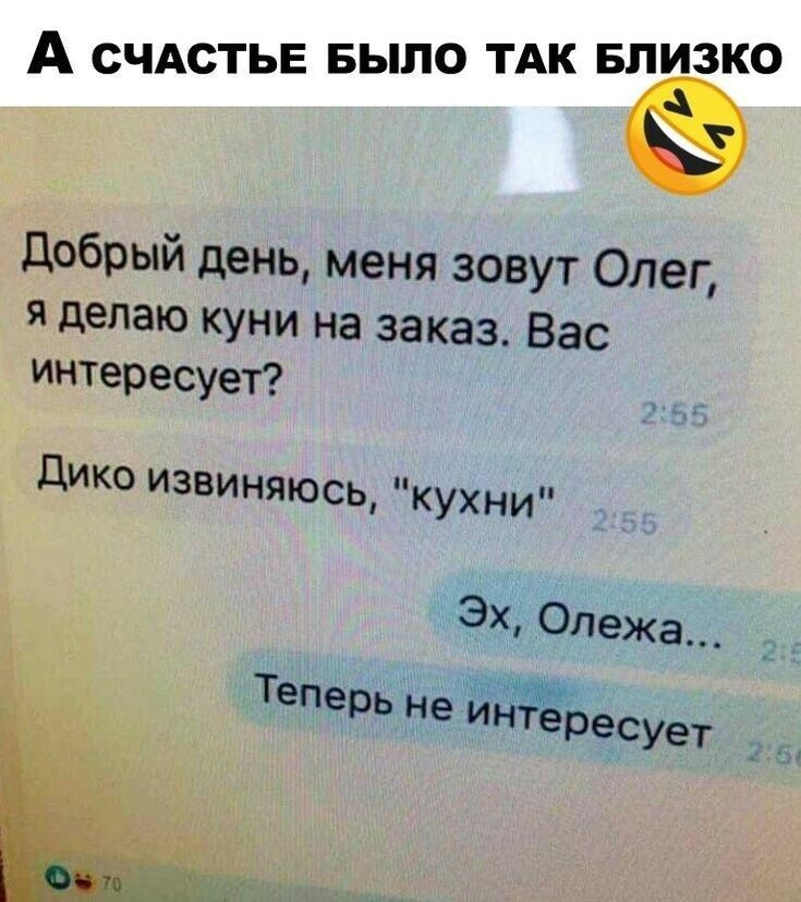 А СЧАСТЬЕ БЫЛО ТАК БЛИЗКО Добрый день меня зовут Олег я делаю куни на заказ Вас интересует _ Дико извиняюсь кухни ЭХ Олежа _ Теперь не есует