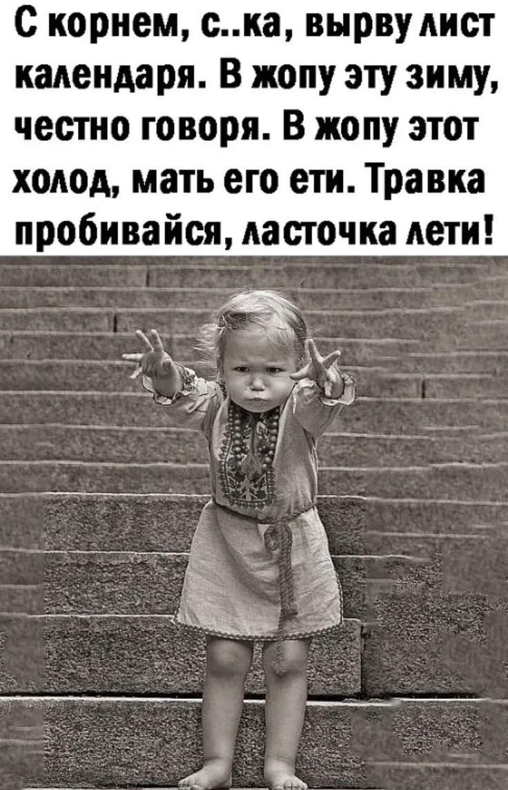 с корнем ока вырву Аист календаря В жопу эту зиму честно говоря В жопу этот холод мать его ети Травка пробивайся ласточка дети