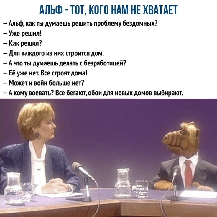 АЛЬФ ТОТ КОГО НАМ НЕ ХВАТАЕТ Альф как ты думаешь решить проблему бездомных Уже решил Как решил для каждою из них ароится дом А что ты думаешь делать безработицей Её уже нет Все строятдома Может и войн больше нет А кому воевать Все бегают обои для новых домов выбирают