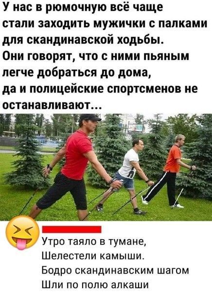 У нас в рюмочную всё чаще стали заходить мужички с папками для скандинавской ходьбы Они говорят что с ними пьяным легче добраться до дома да и полицейские спортсменов не ОСТЗНЗВПИВЗЮТ 317 Утро таило в тумане Шепестепи камыши Бодро скандинавским шагом ШПИ по полю алкаши