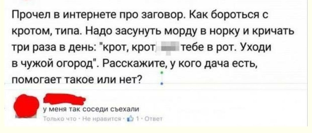 Прочел в интернете про заговор Как бороться с кротом типа Надо засунуть морду в норку и кричать три раза в день крот крот _ тебе в рот Уходи в чужой огород Расскажите у кого дача есть помогает такое или нет у меня ТВК СОСЕДИ съехали