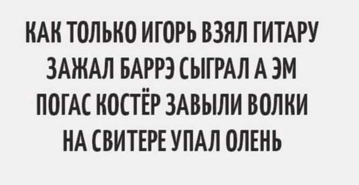 КАК ТОЛЬКО ИГОРЬ ВЗЯЛ ГИТАРУ ЗАЖАЛ БАРРЭ СЫГРАЛ А ЭМ ПОГАС КОСТЁР ЗАВЫЛИ ВОЛКИ НА СВИТЕРЕ УПАЛ ОЛЕНЬ