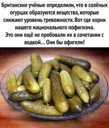 Брианские учёные определили что солёных огурца образуются нещепн котрые ннжают уровень тепжнопи Вы где корни нашего напиональною пофигизна Эт они ещё не пробовали ик в метании водкой Оии бы пФнгелн
