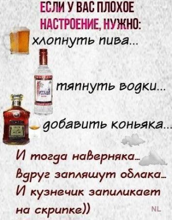 ЕСЛИ У ВАС ПЛОХИЕ НАСТРПЕНИЕ НУЖНО хлопнуть пива Ё тяпнуть водки Ё добавить КОНЬЯК2 И тогда наБерняксь Вдруг загияшут облака И кузнечик запидикавт на скрипке