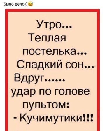 в дело Утро Теплая постелька Сладкий сон Вдруг удар по голове пультом Кучимутики