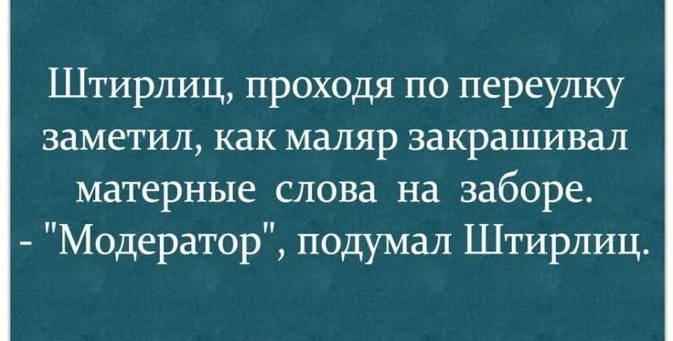 Штирлиц проходя по переулку заметил как маляр закрашивал матерные слова на заборе Модератор подумал Штирлиц