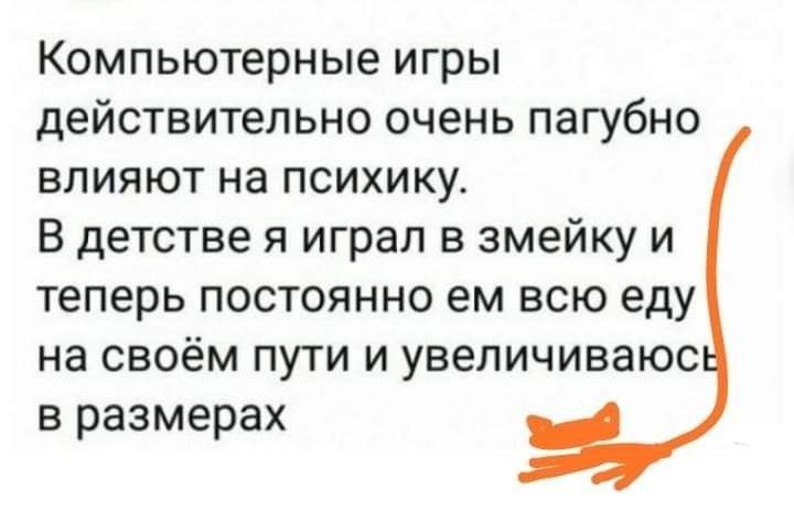 Компьютерные игры действительно очень пагубно влияют на психику В детстве я играл в змейку и теперь постоянно ем всю еду на своём пути и увеличиваюс в размерах