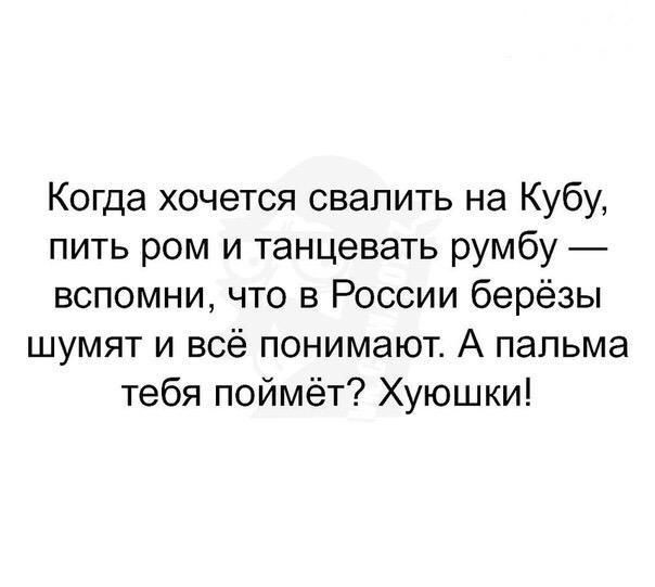 Когда хочется свалить на Кубу пить ром и танцевать румбу вспомни что в России берёзы шумят и всё понимают А пальма тебя поймёт Хуюшки