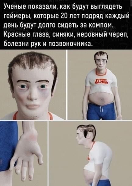 Ученые показали как будут выглядеть геймеры которые 20 лет подряд каждый день Будут долго сидеть за компом Красные глаза синяки неровный череп Болезни рук и позвоночника
