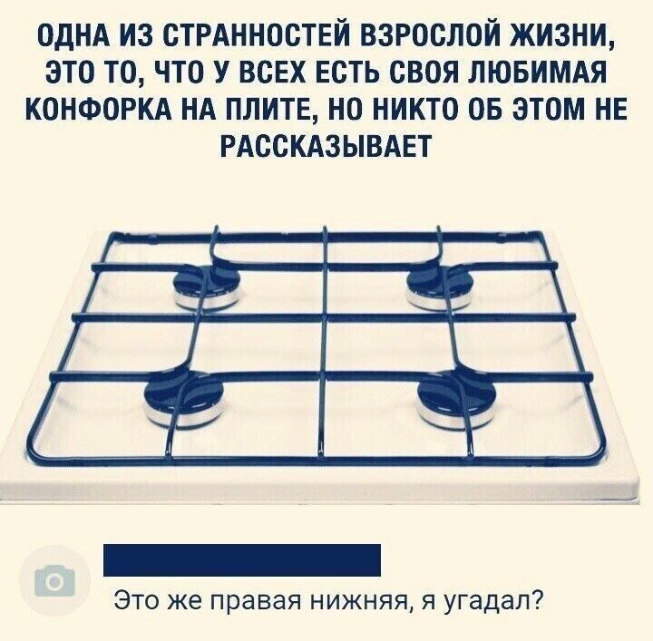 ОДНА ИЗ ОТРАННОБТЕЙ ВЗРОВЛОЙ ЖИЗНИ ЭТО ТО ЧТО У ВСЕХ ЕСТЬ СВОЯ ЛЮБИМАЯ КОНФОРКА НА ПЛИТЕ НО НИКТО ОБ ЭТОМ НЕ РАССКАЗЫВАЕТ Это же правая нижняя я угадал