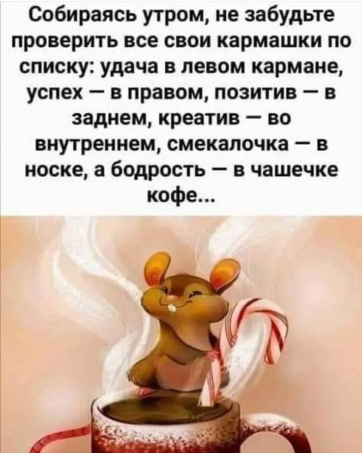 Собираясь утром не забудьте проверить все свои кармашки по списку удача в левом кармане успех в правом позитив в заднем креатив во внутреннем смекалочка в носке а бодрость в чашечке кофе