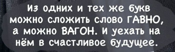 из одних и тех же букв можно сложить слово ГАВНО а можно ВАГОН и уехать на нём в счастливое будущее