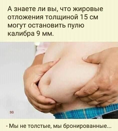 А знаете ли вы что жировые отложения толщиной 15 см могут остановить пулю калибра 9 мм з Мы не ТОЛСТЫЕ МЫ бронированные