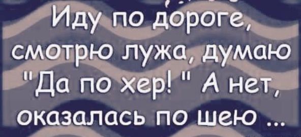 Иду по ддрогё смотрю лужа думаю Да по хер А нет оказалась по шею