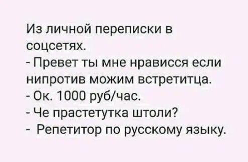 Из личной переписки в соцсетях _ Превет ТЫ мне нрависся ЕСЛИ нипротив можим встретитца Ок 1000 рубчас Че прастетутка штопи Репетитор по русскому языку