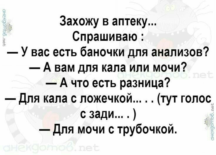 Захожу в аптеку Спрашиваю У вас есть баночки для анализов А вам для кала или мочи А что есть разница дпя капа ложечкой тут голос с зади для мочи с трубочкой