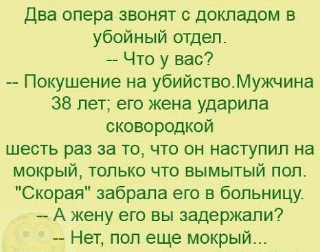 два опера звонят с докладом в убойный отдеп _ Что у вас Покушение на убийствоМужчина 38 лет его жена ударила сковородкой шесть раз за то что он наступил на мокрый только что вымытый поп Скорая забрала его в больницу А жену его вы задержали Нет пол еще мокрый