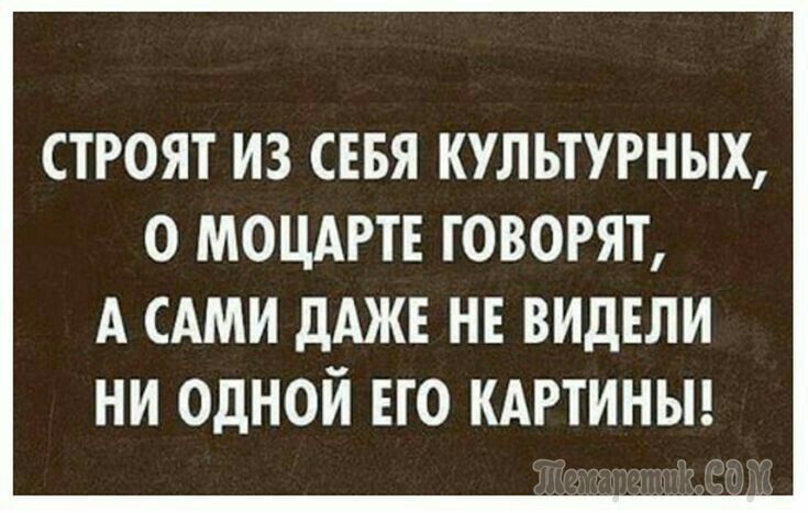 СТРОЯТ ИЗ СЕБЯ КУЛЬТУРНЫХ О МОЦАРТЕ ГОВОРЯТ А САМИ дАЖЕ НЕ ВИДЕЛИ НИ ОДНОЙ ЕГО КАРТИНЫ