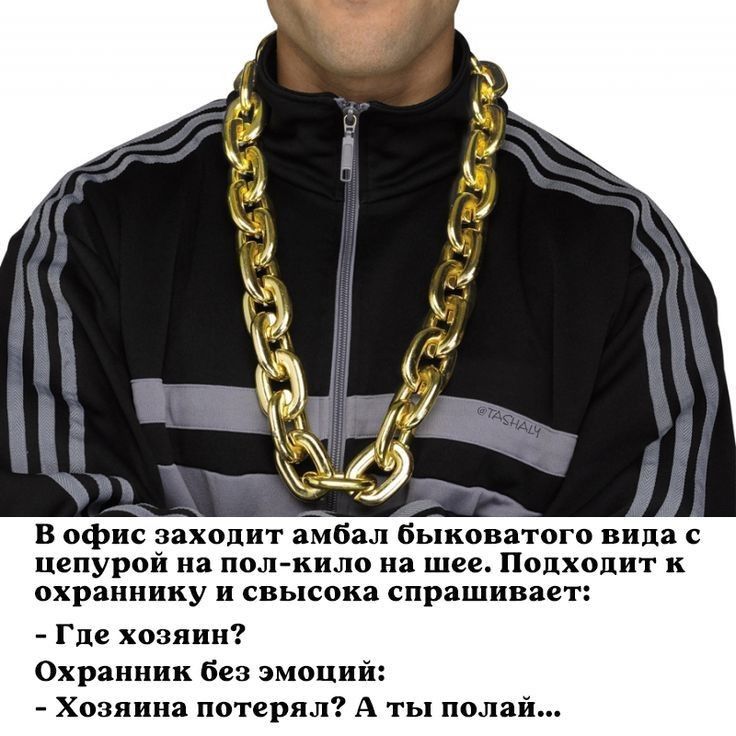 в офис заходит амбал Быковатого вида цепурой на пол кило на шее Подходит к охраннику и свысока спрашивае Где хозяин Охранник без змош Хозяина потерял А ты пола