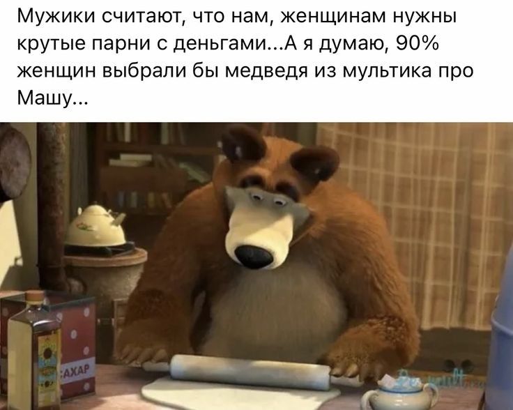 Мужики считают что нам женщинам нужны крутые парни с деньгами и думаю 90 женщин выбрали бы медведя из мультика про Машу _