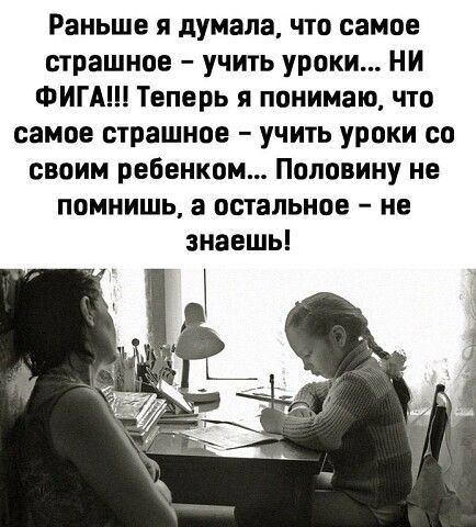 Раньше я думала что самое страшное учить уроки НИ ФИГАШ Теперь я понимаю что самое страшное учить уроки со своим ребенком Половину не помнишь а остальное не знаешь