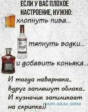 ЕСЛИ У ВАС ПЛПХПЕ ндстрпвнив нужна АОПНУГПЬ пива __ тяпнуть водки т и добавить коньяка И тогза надгрняка Вдруг запляшут облака И кузнечик запиликает на скрипке