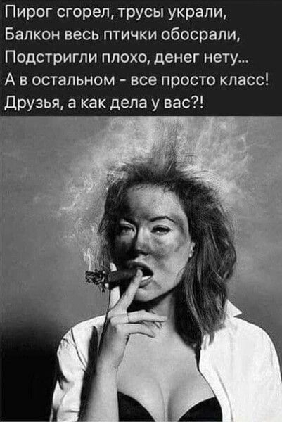 Пирог сгорел трусы украли Балкон весь птички обосрапи Подстригли плохо денег нету А в остальном все просто класс Друзья а как дела у вас