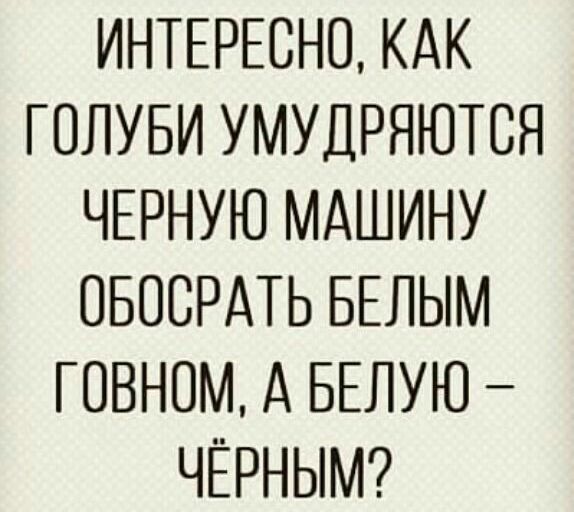 ИНТЕРЕСНО КАК ГОЛУБИ УМУДРЯЮТСЯ ЧЕРНУЮ МАШИНУ ОБОСРАТЬ БЕЛЫМ ГОВНОМ А БЕЛУЮ ЧЁРНЫМ