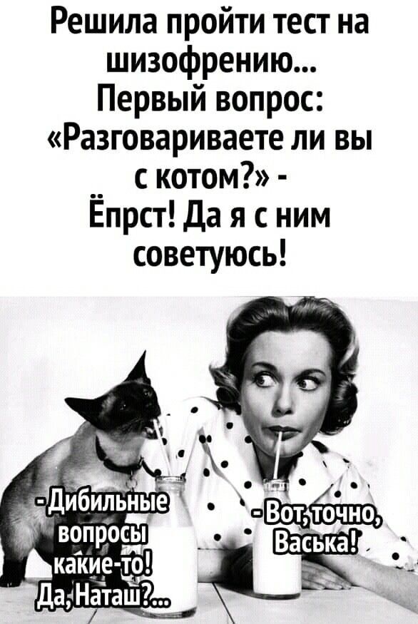 Решила пройти тест на шизофрению Первый вопрос Разговариваете ли вы __ с котом Епрст Да я с ним советуюсь пВвот точно _