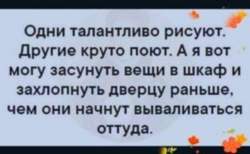 Одни талантливо рисуют Другие круто поют А я вот могу засунуть вещи в шкаф и захлопнуть дверцу раньше чем они начнут вываливаться оттуда
