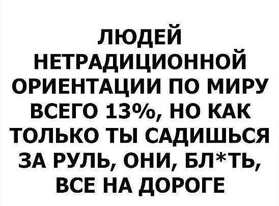 ЛЮДЕЙ НЕТРАдИЦИОННОЙ оривнтдции по миру всвго 13 но КАК только ты САДИШЬСЯ ЗА руль они БЛТЬ ВСЕ НА дорогв