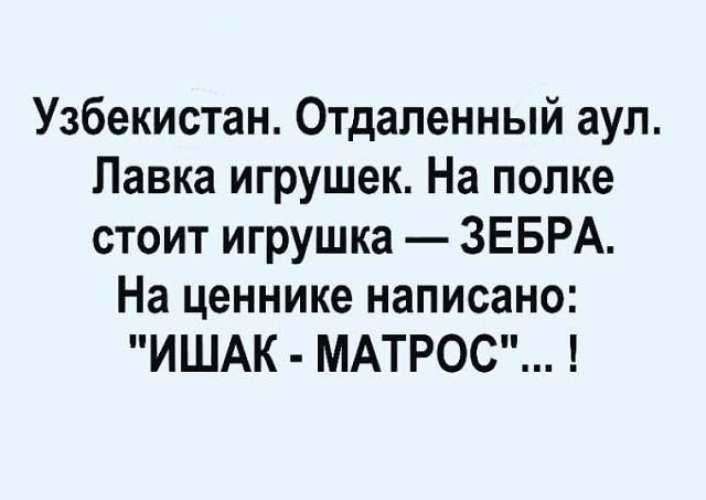 Узбекистан Отдаленный аул Лавка игрушек На полке стоит игрушка ЗЕБРА На ценнике написано ИШАК МАТРОС