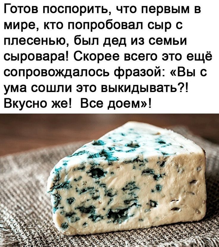 Готов поспорить что первым в мире кто попробовал сыр с плесенью был дед из семьи сыровара Скорее всего это ещё сопровождалось фразой Вы с ума сошли это выкидывать Вкусно же Все доем
