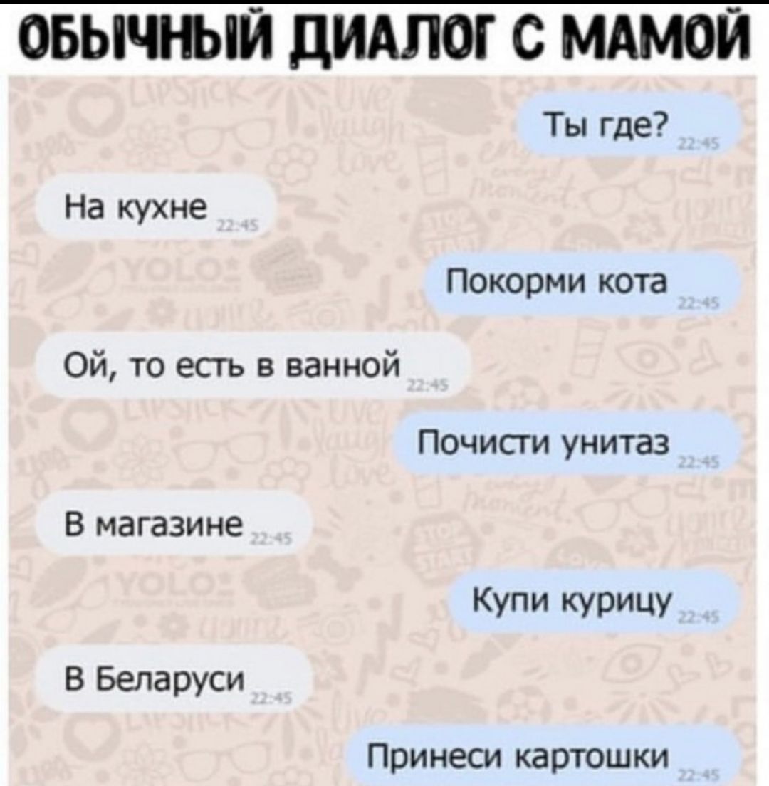 ОБЫЧРЫЙ ДИАЛОГ С МАМОЙ Ты где На кухне Покорми коп Ой то есть в ванной Почисги унитаз В магазине Купи Курицу В Беларуси Принеси картошки