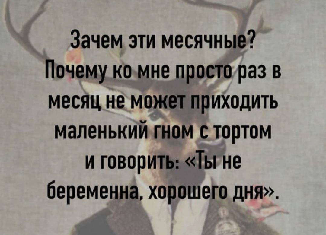 Зачем зти месячные Почему ко мне просто раз в месяц не может приходить маленький гном с тортом и говорит Ты не беременна хорошего дня