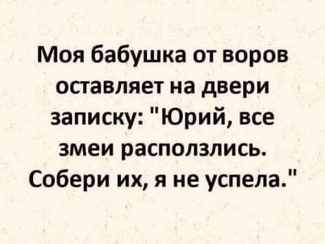 Моя бабушка от воров оставляет на двери записку Юрий все змеи расползлись Собери их я не успела