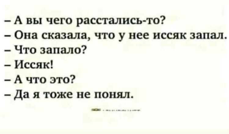 А вы чего рассталисьто Она сказала что у нее иссяк запал Что запало Иссяк А что это Да я тоже не понял