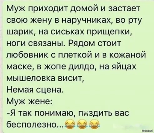 Муж приходит домой и застает свою жену в наручниках во рту шарик на сиськах прищепки ноги связаны Рядом стоит любовник с плеткой и в кожаной маске в жопе дилдо на яйцах мышеловка висит Немая сцена Муж кене Я так понимаю ппздить вас бесполезнозв в