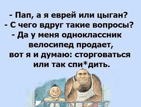 Пап а я еврей или цыган С чего ВдРУг такие вопросы да у меня одноклассник велосипед продает вот я и думаю сторговаться или так спидить