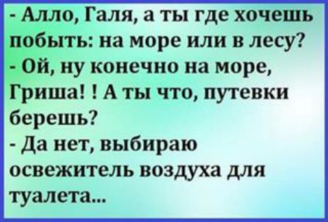 бГаля а ты где хочеш МШЗ ты на море или в лесу ну конечно на море Гриша А тьгЧто путевки берешь да нет выбираю освежитель воздуха для туалета