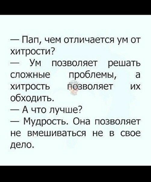 Пап чем отличается ум от хитрости Ум позволяет решать сложные проблемы а хитрость позволяет их обходить А что лучше Мудрость Она позволяет не вмешиваться не в свое дело