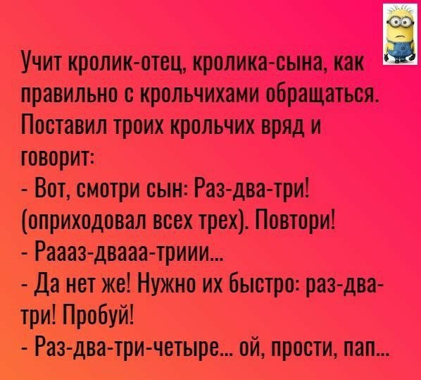 Учит кролик отец кролика сына как правильно с кропьчихами обращаться Поставил троих кропьчих вряд и говорит Вот смотри сын Раз два три оприходовал всех трех Повтори Раааз двааа триии Да нет же Нужно их быстро раз два три Пробуй Раз дватри чстыре ой прости пап
