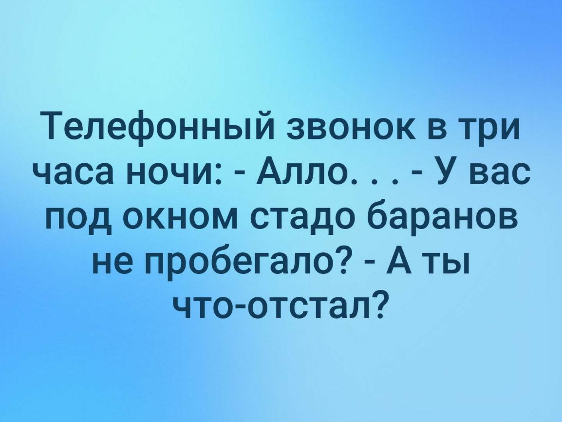Телефонный звонок в три часа ночи Алло У вас под окном стадо баранов не пробегало А ты что отстал