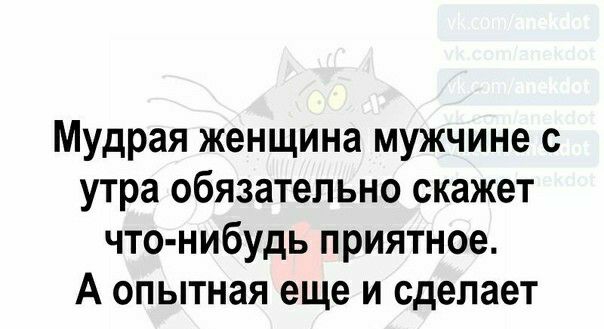 Мудрая женщина мужчине с утра обязательно скажет что нибудь приятное А опытная еще и сделает